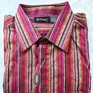 St Croix Vineyard Red Orange Striped Long Sleeve Cotton Dress Shirt - Men's XL